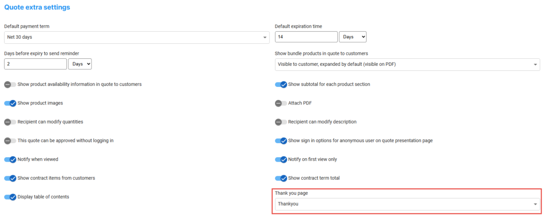 Template-level settings for default payment terms, expiration time, product display options, and feature toggles