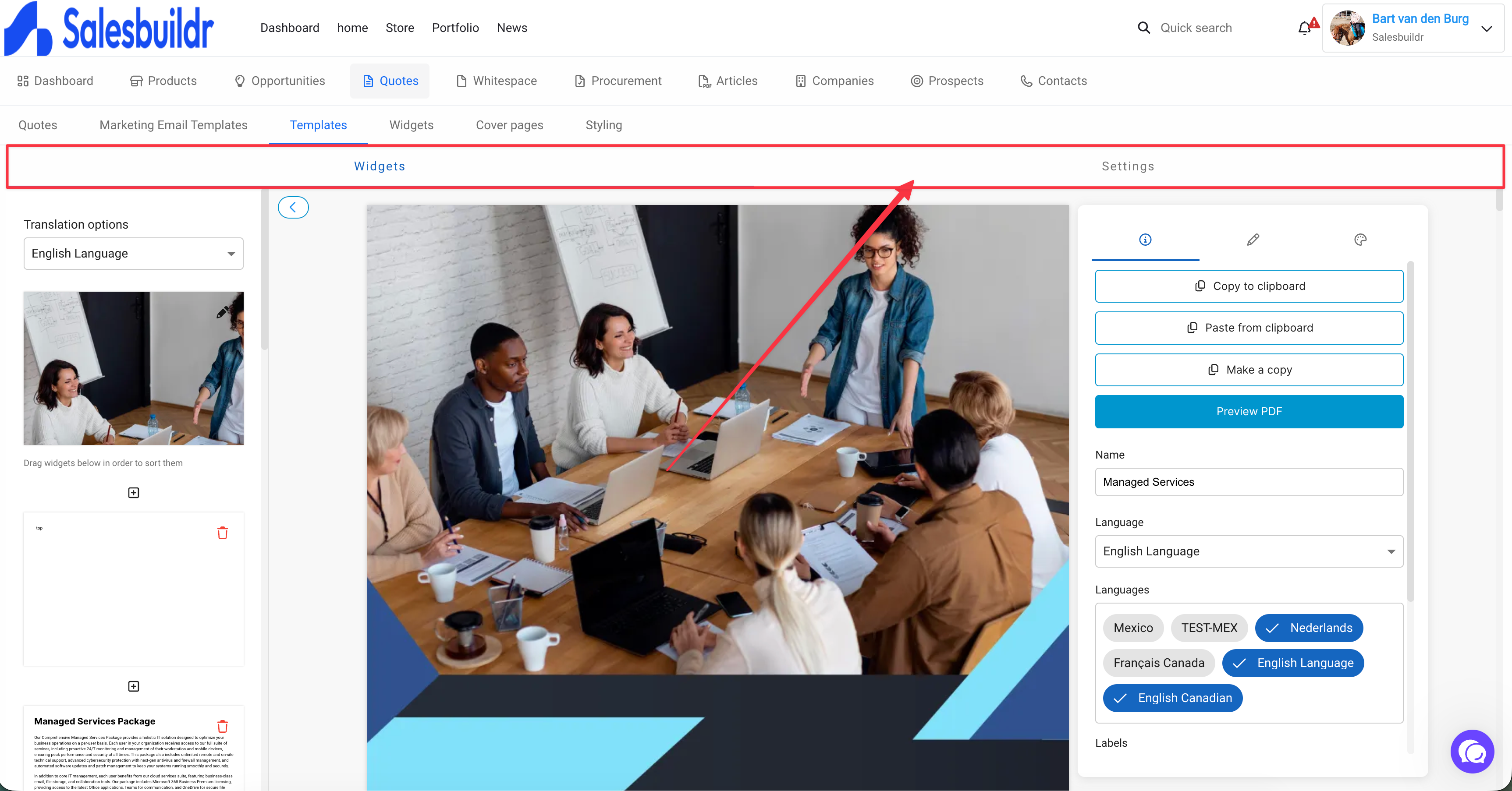 Quote template editor before the side-pane settings tab — page-level Widgets and Settings tabs at the top