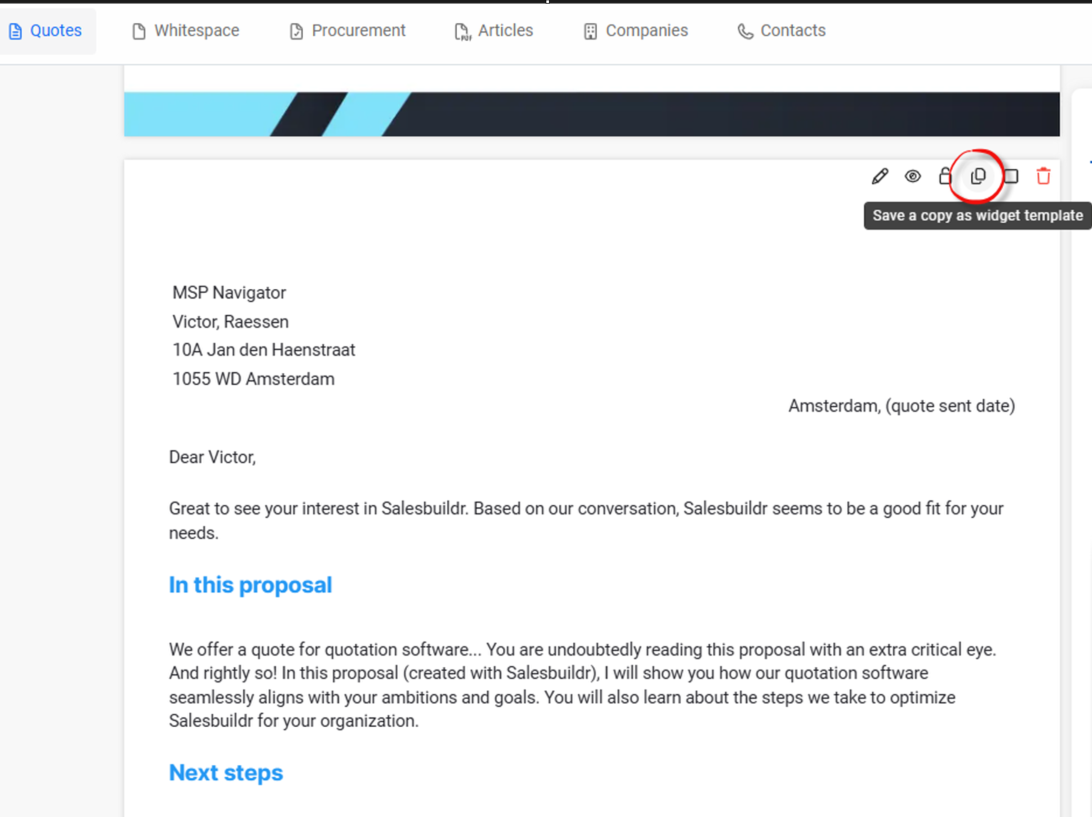 Quote preview with Save a copy as widget template tooltip on a content section