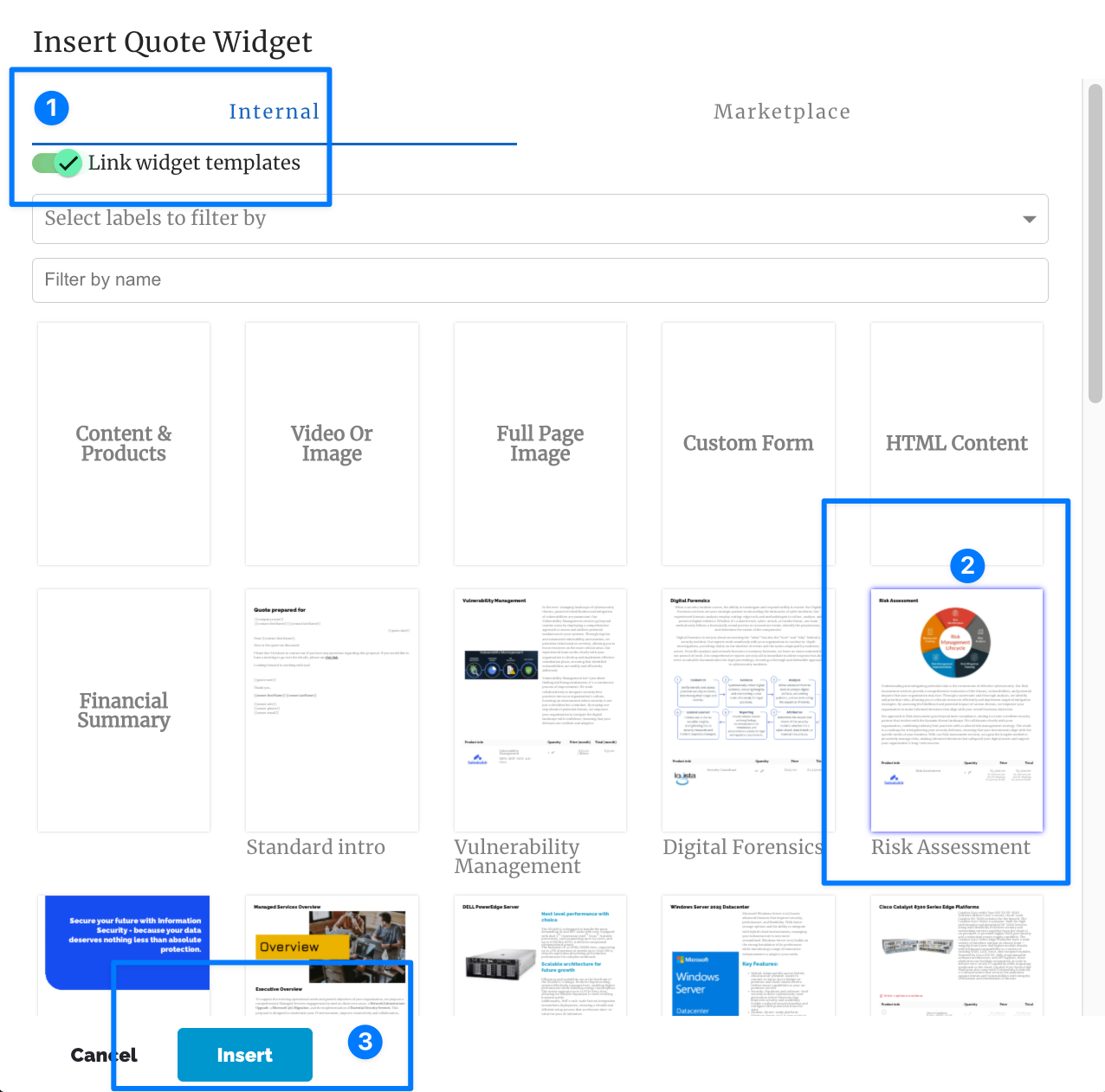 Insert Widget dialog with Internal and Marketplace tabs, widget categories, and template previews