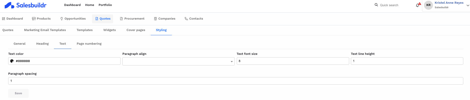 Text styling with paragraph color, alignment, font size, line height, and spacing controls