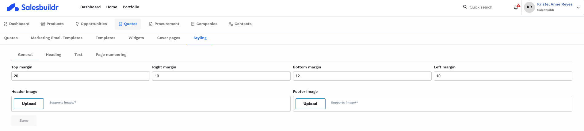 General styling tab with page margin controls and header/footer image uploads
