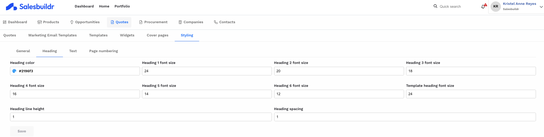 Heading styling with color picker and font size controls for heading levels 1 through 6