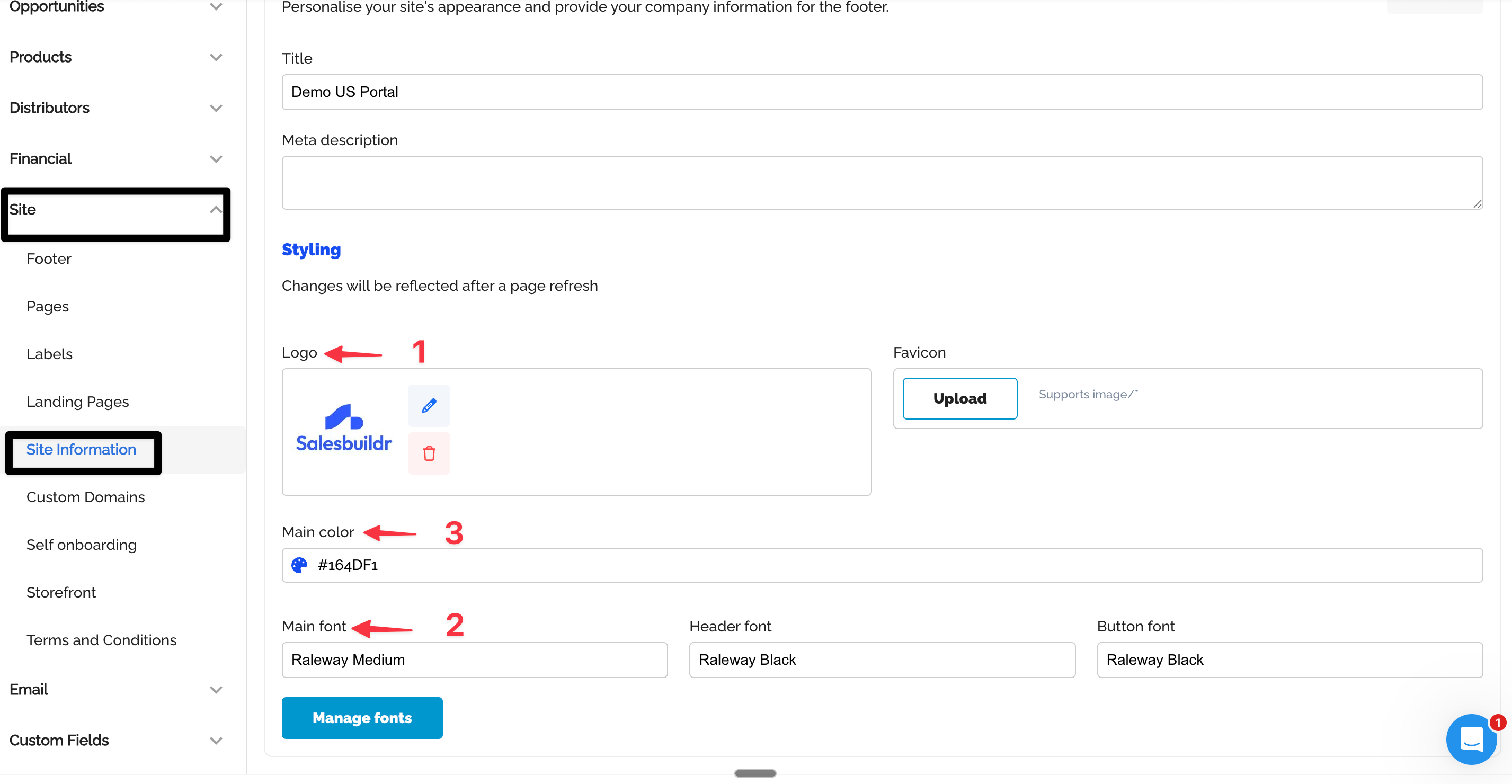 Site information page with logo preview, main brand color picker, and font selection for body, headers, and buttons