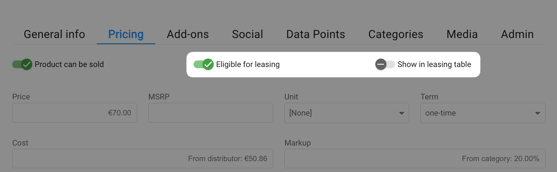 Making a product eligible for leasing on the product pricing tab