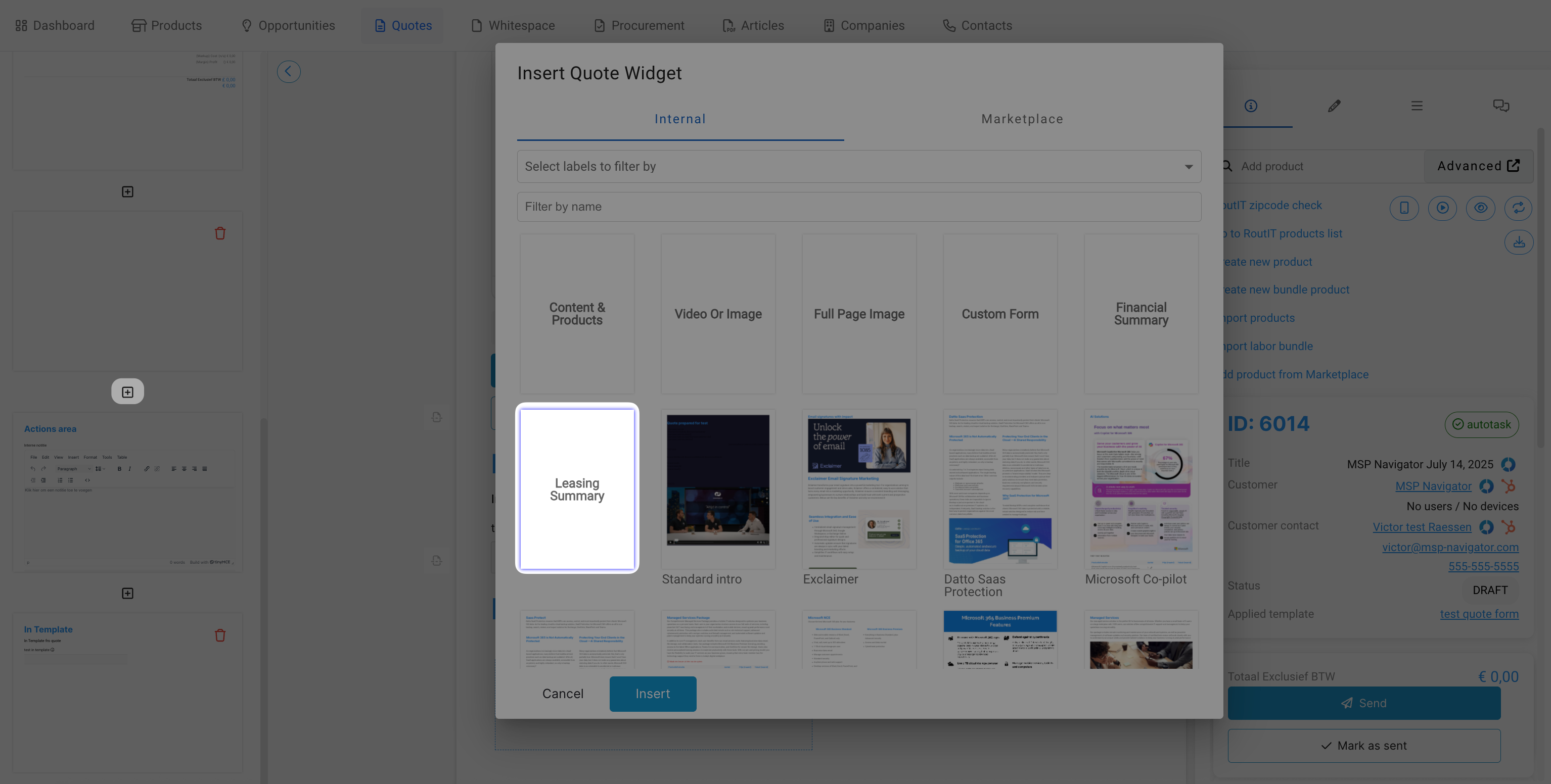 Inserting the Leasing Summary widget in the quote editor