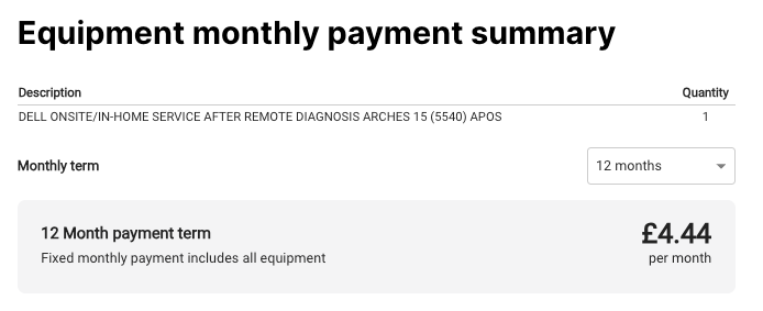 Customer-facing leasing payment summary with term selector