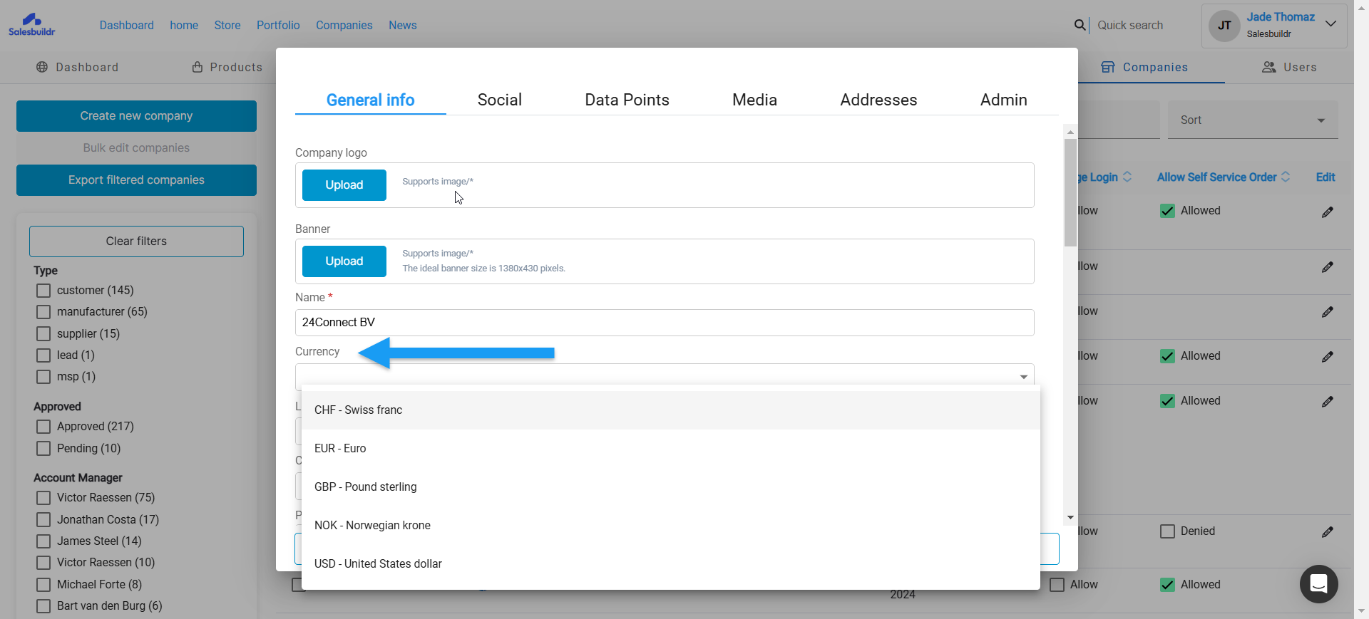 Company general info with currency dropdown to set the default currency for a customer
