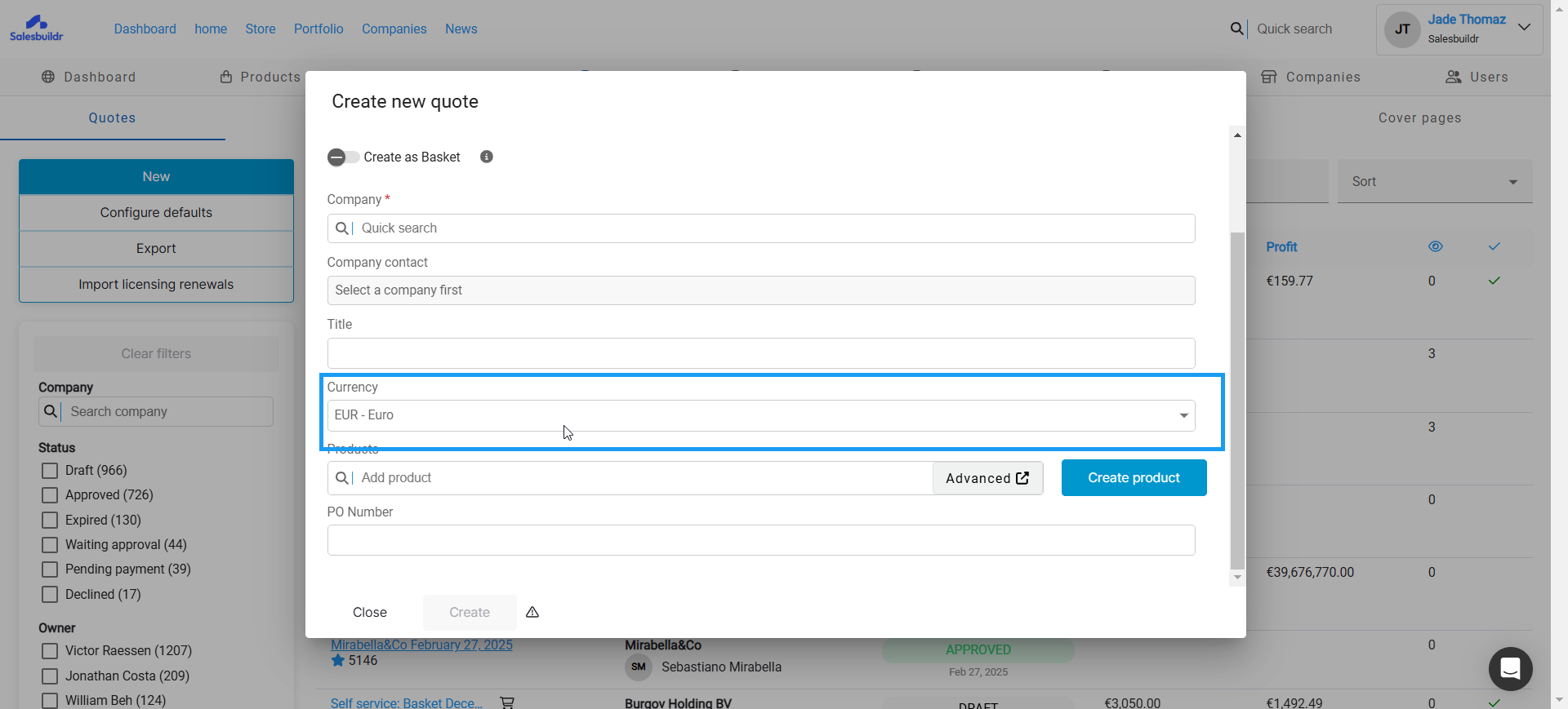 Create new quote dialog with currency selector set to EUR