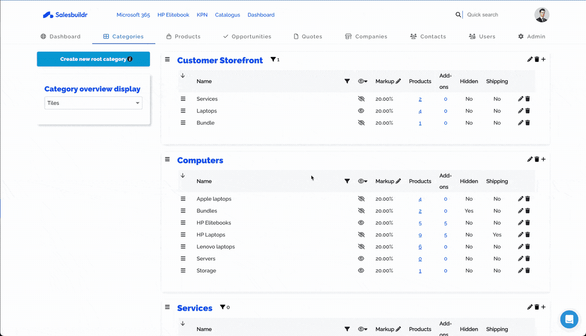 Storefront category structure with subcategories and display options