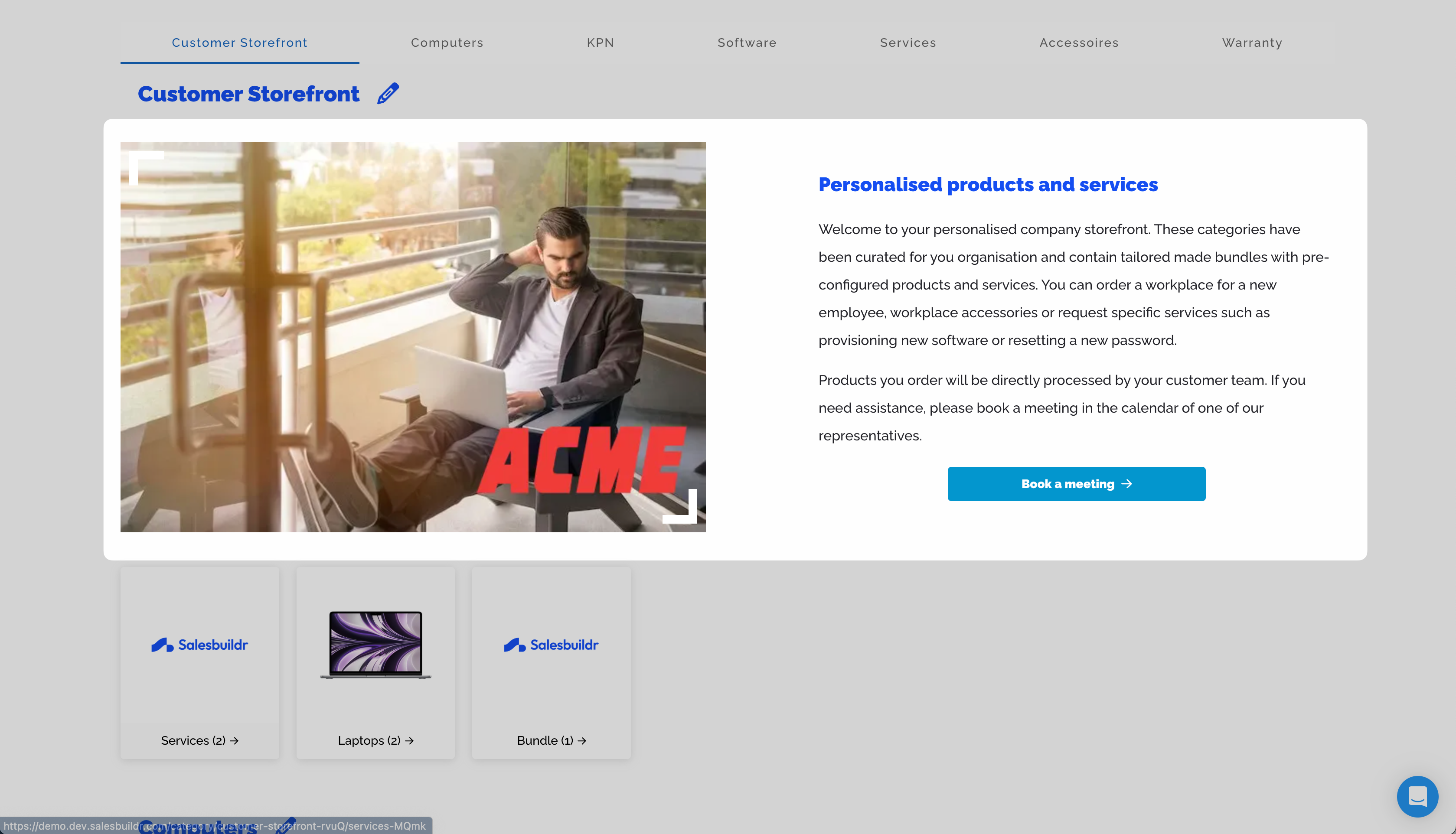 Customer-facing storefront with personalized products and category tiles