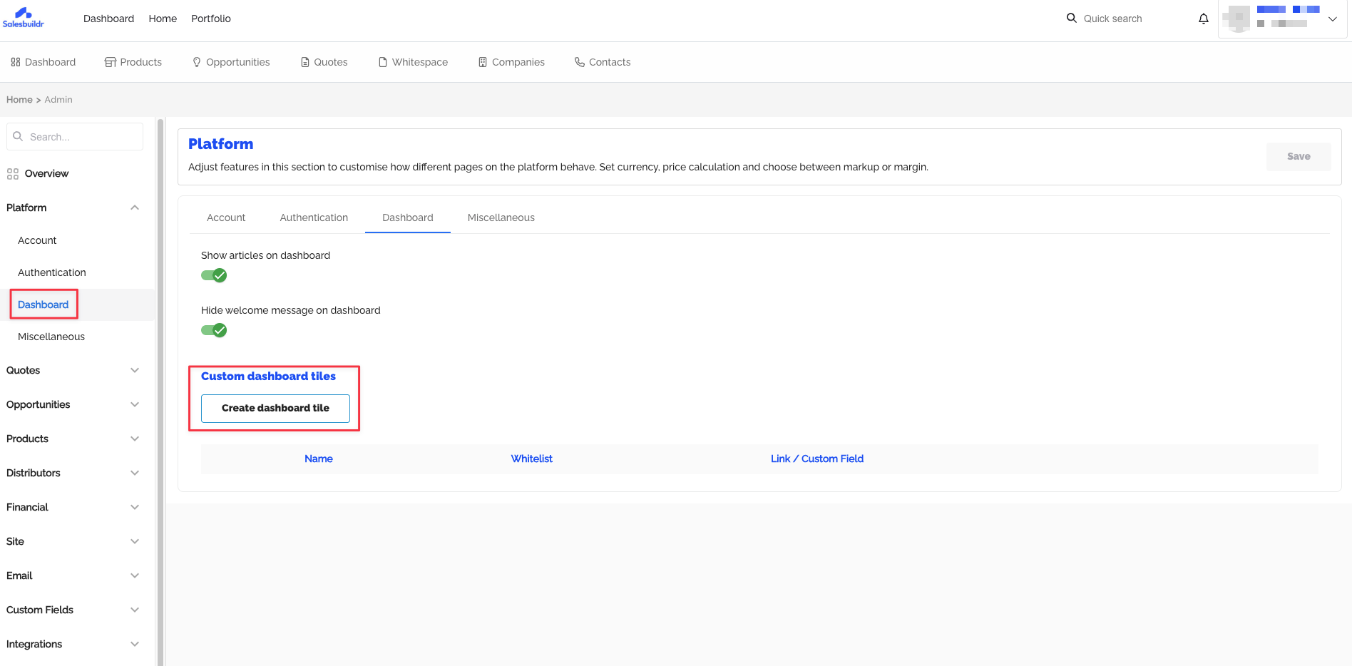 Custom dashboard tiles configuration for the customer portal