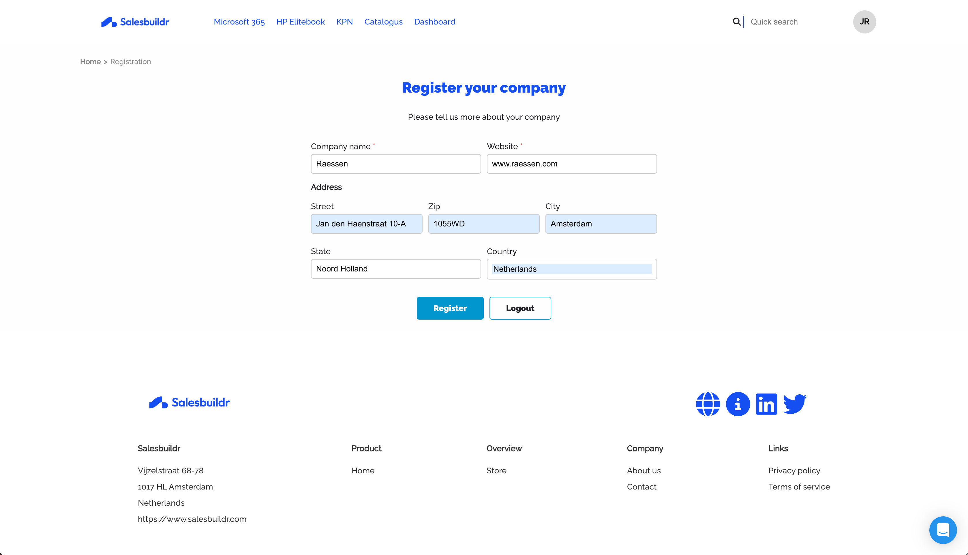 Company registration form with name, website, and address fields