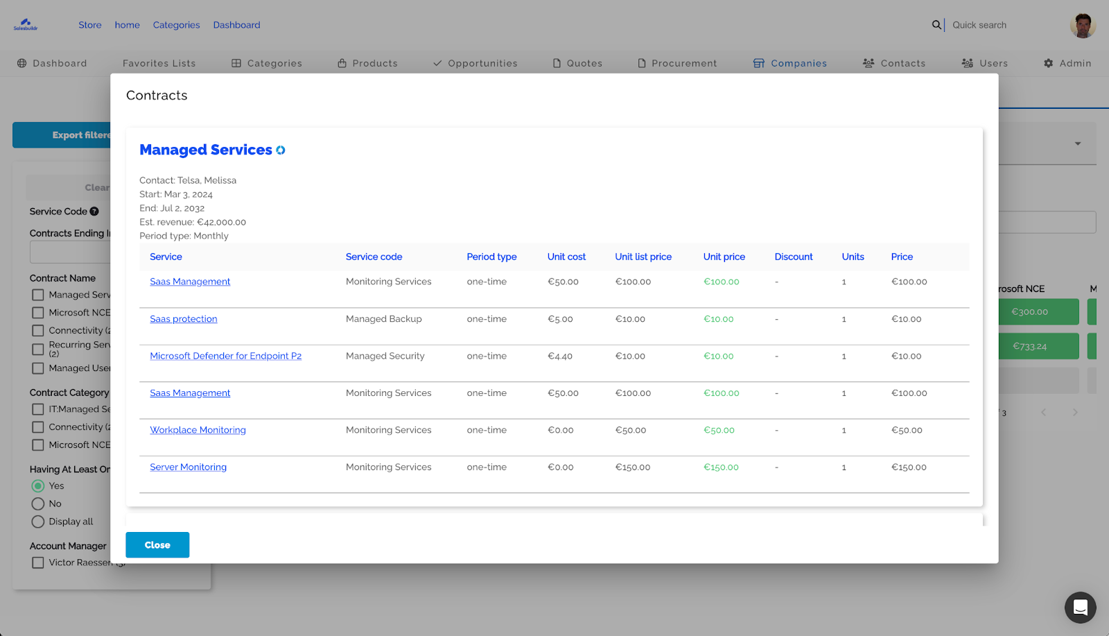 Contract detail popover showing service line items, costs, and revenue