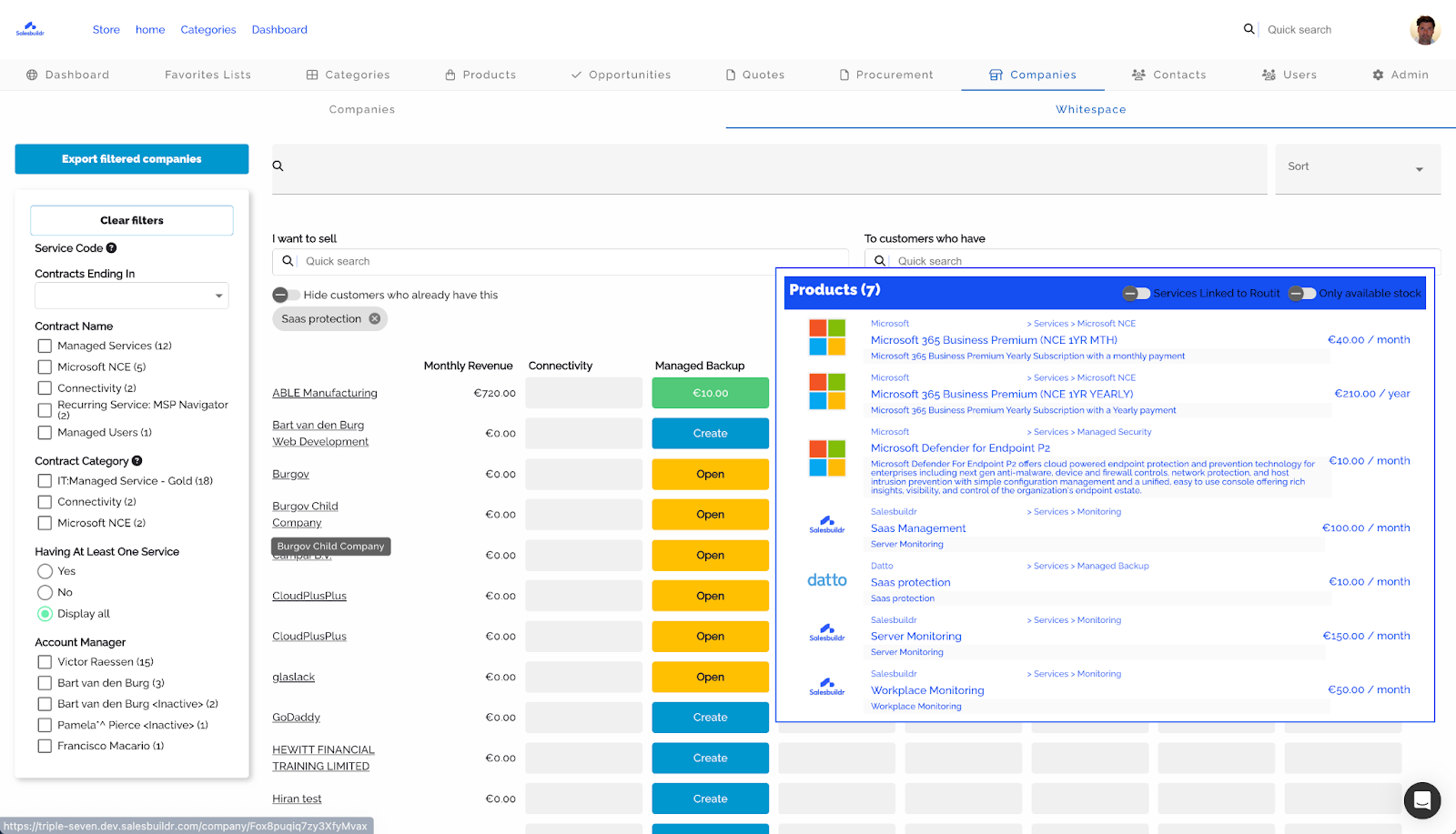 Product detail panel showing matching products with prices and categories