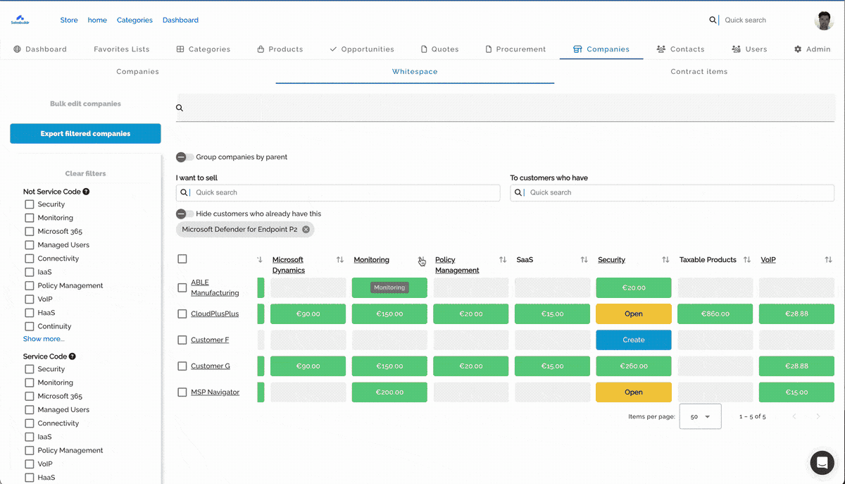 Selecting a product to sell and filtering the customer grid