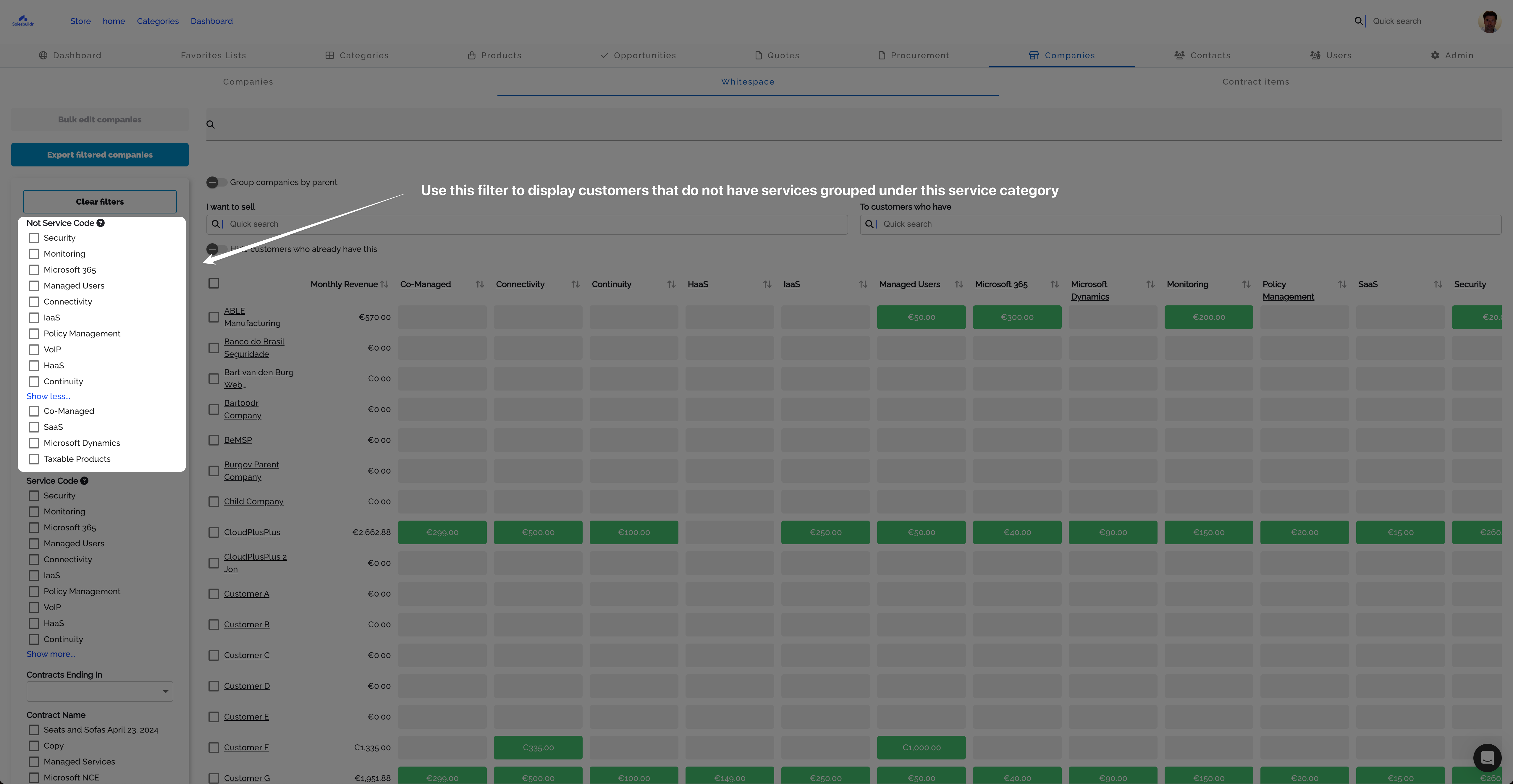 Not Service Code filter to find customers missing a service
