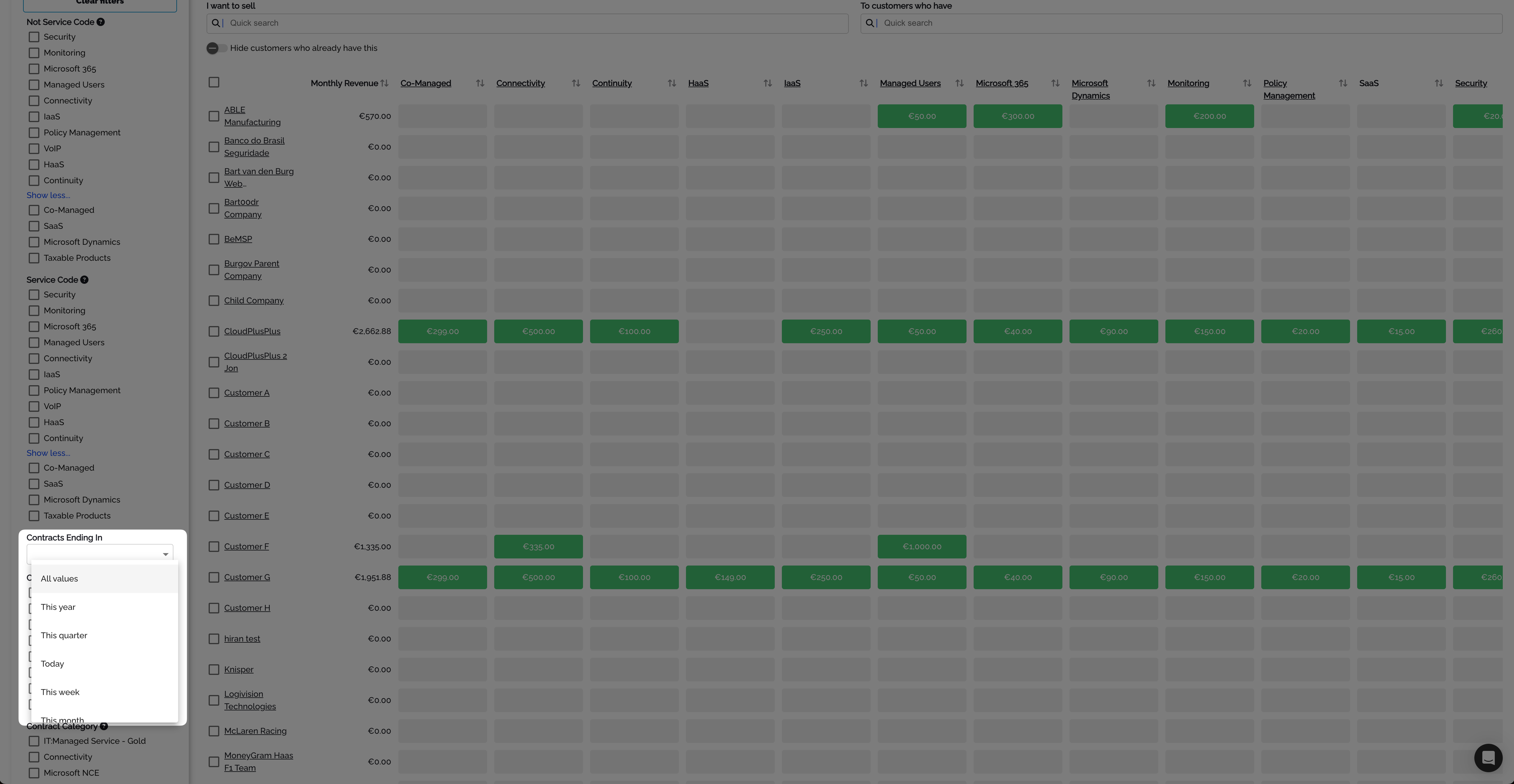 Contracts Ending In filter with time range options