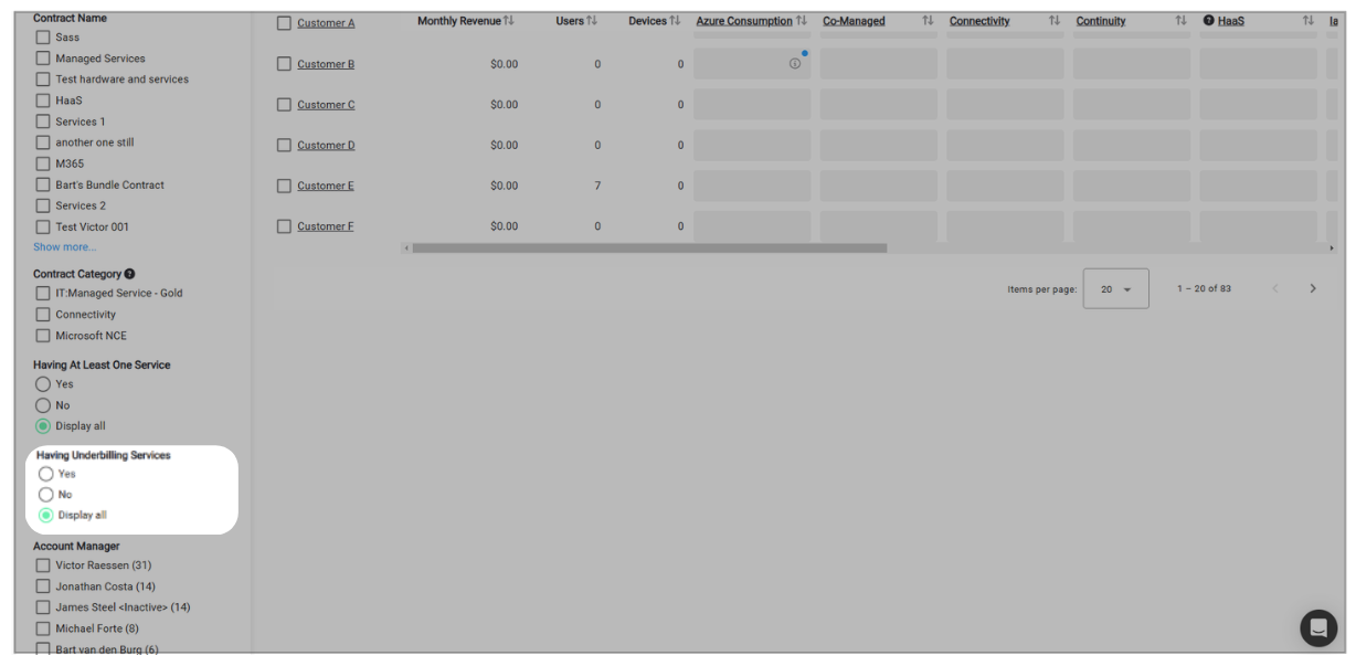 Having Underbilling Services filter (Yes/No/Display all)