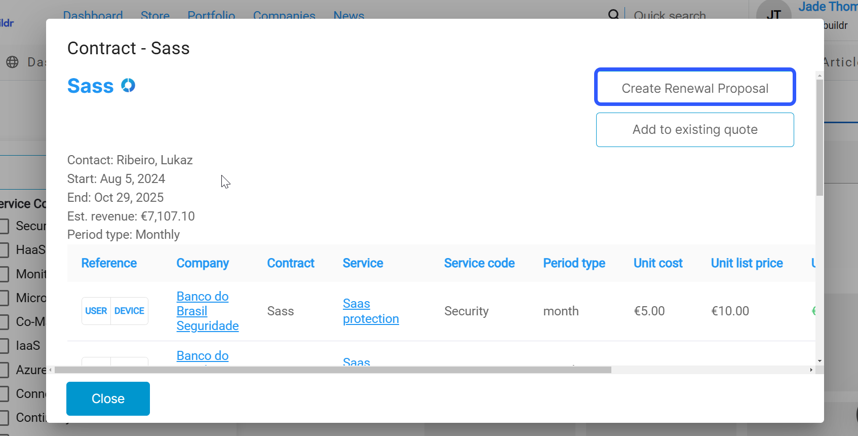 Contract detail dialog with Create Renewal Proposal button and line items