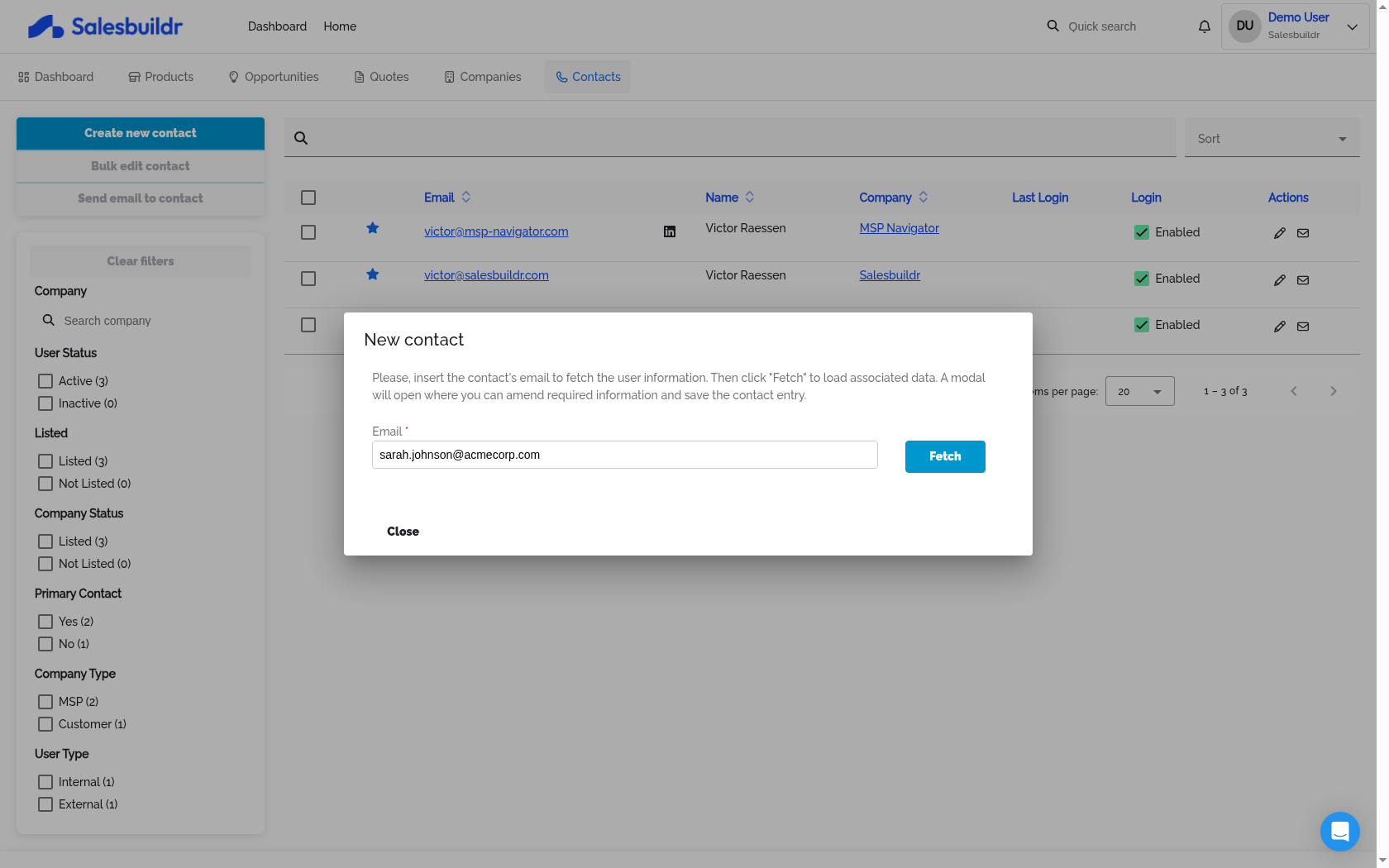 New contact dialog showing the email-first step with Fetch button