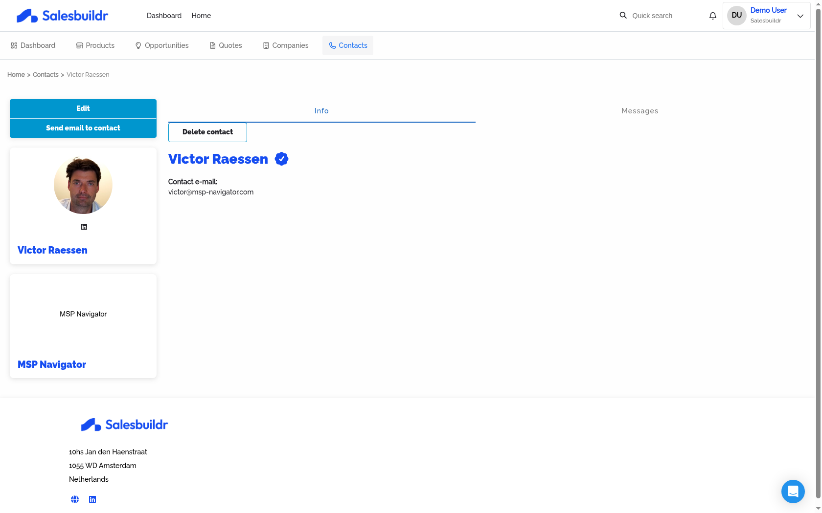 Contact detail page showing profile card, company, and Info tab