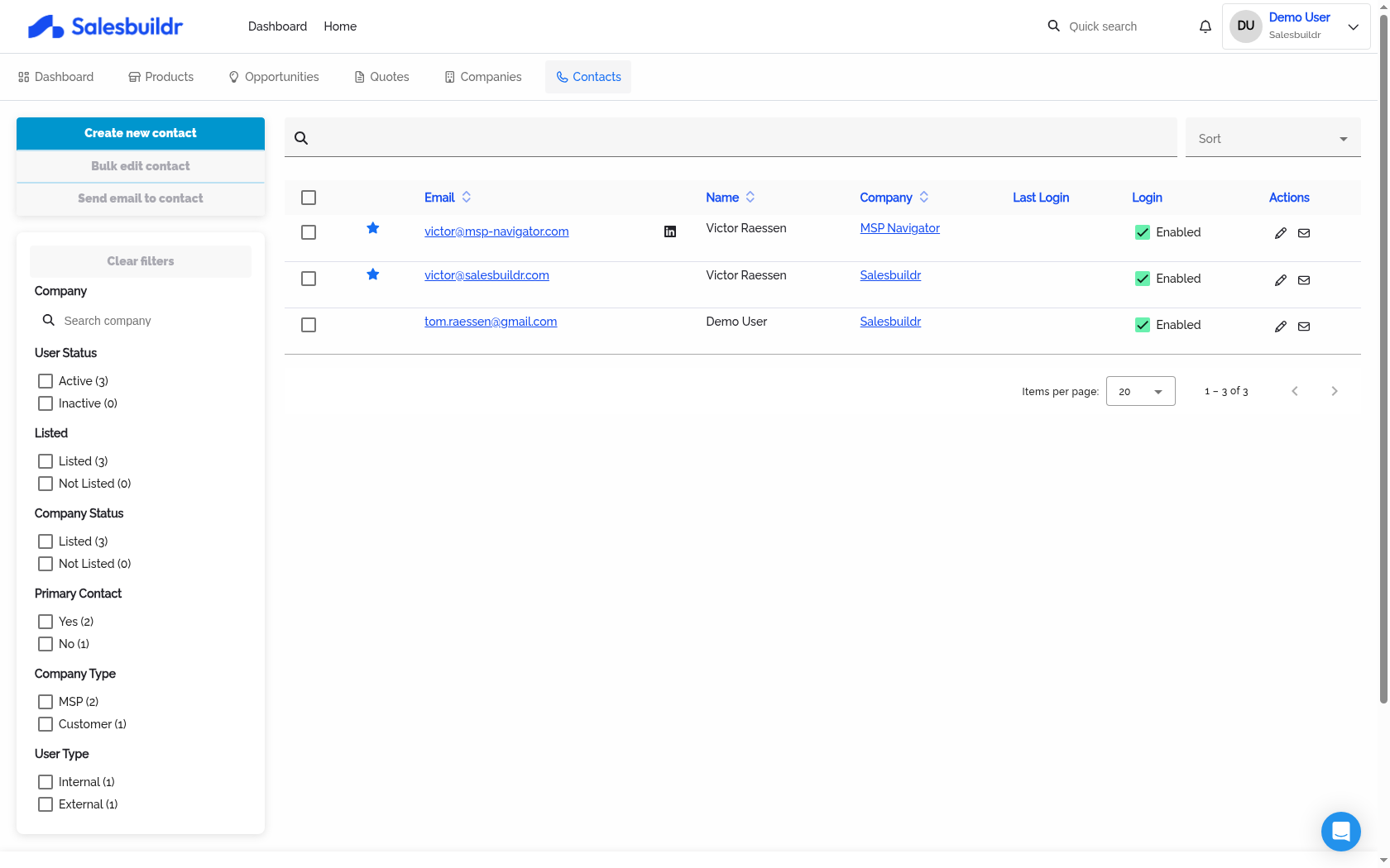 Contacts list page with filter sidebar and sortable columns
