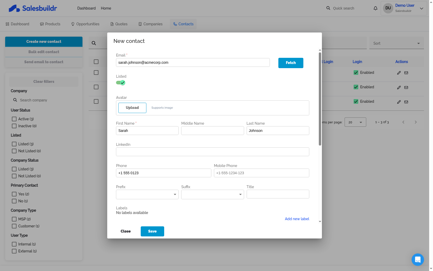 New contact dialog showing email, name, phone, and other contact fields