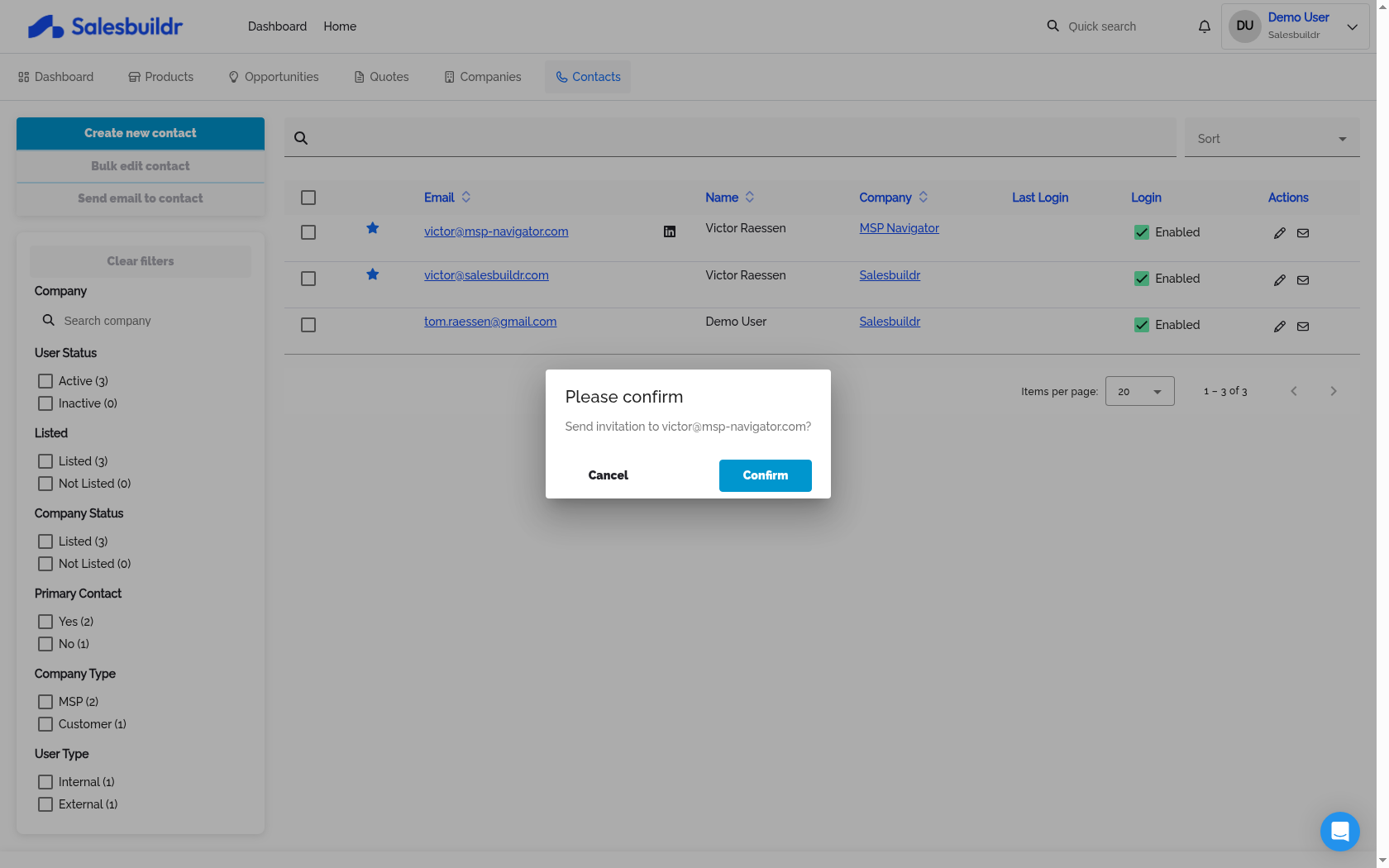 Send invitation confirmation dialog