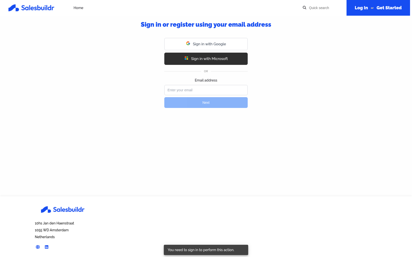 Customer sign-in page with Google, Microsoft, and email login options