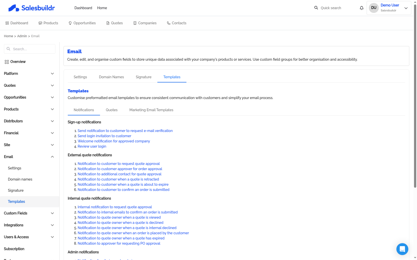 Admin Email Templates page showing notification templates