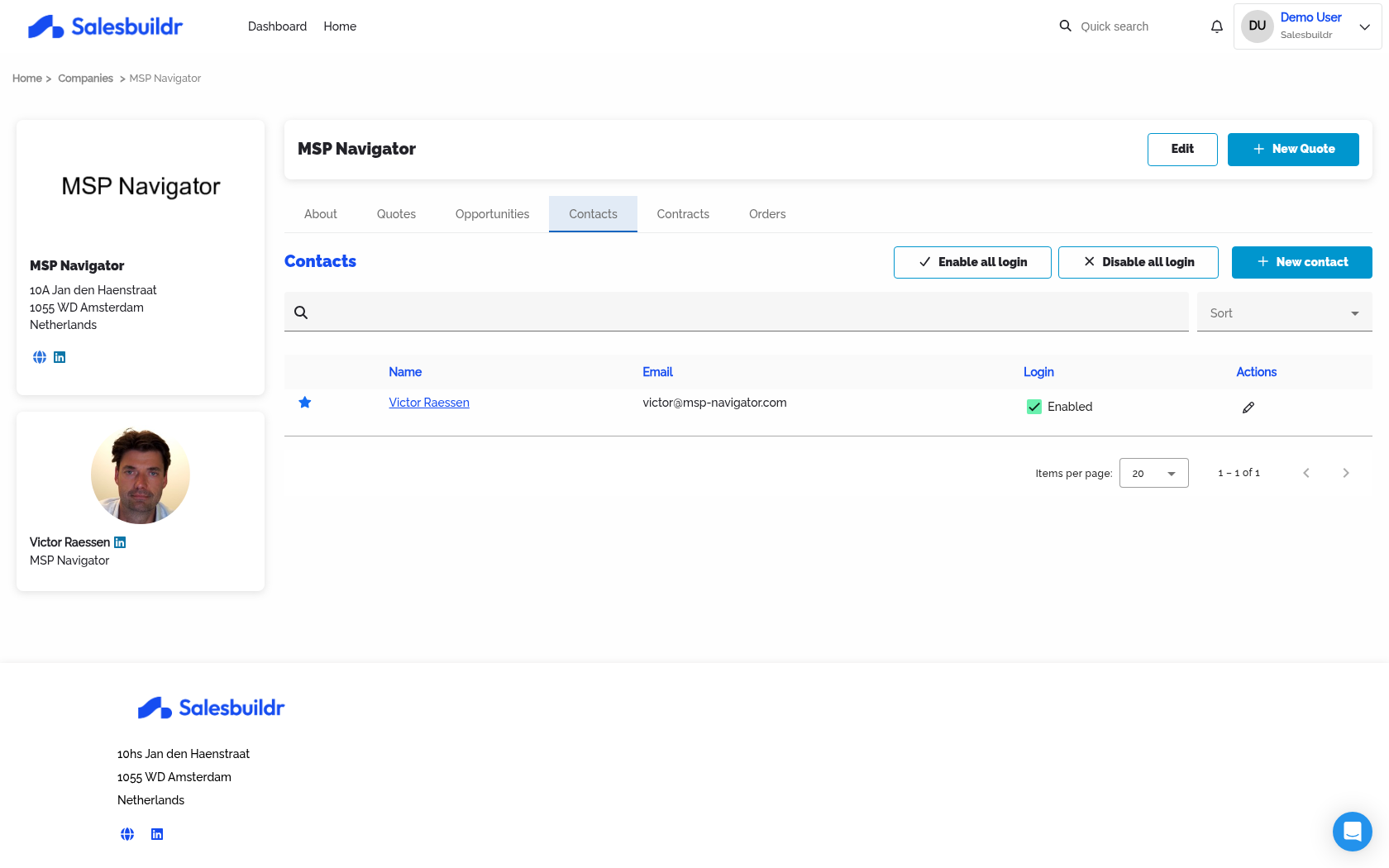 Company Contacts tab with login status, enable/disable controls, and actions