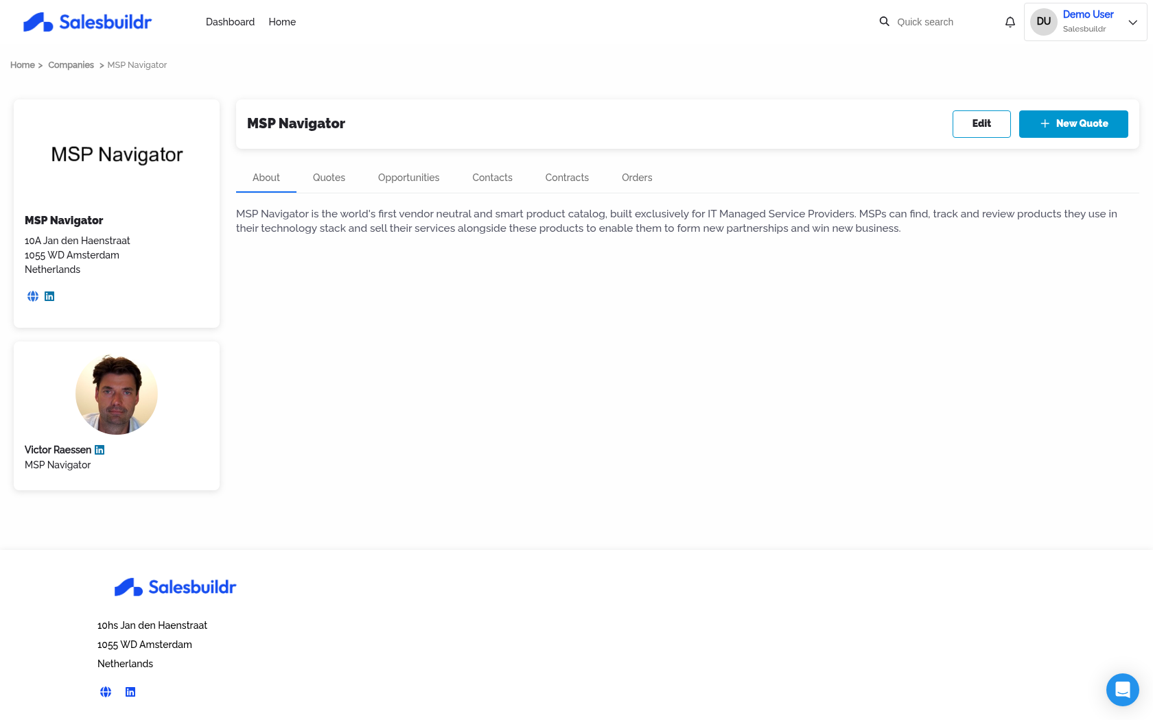 Company detail page showing profile sidebar, About tab, and account manager