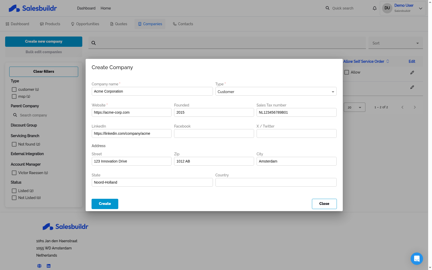 Create Company form filled with sample company data and address