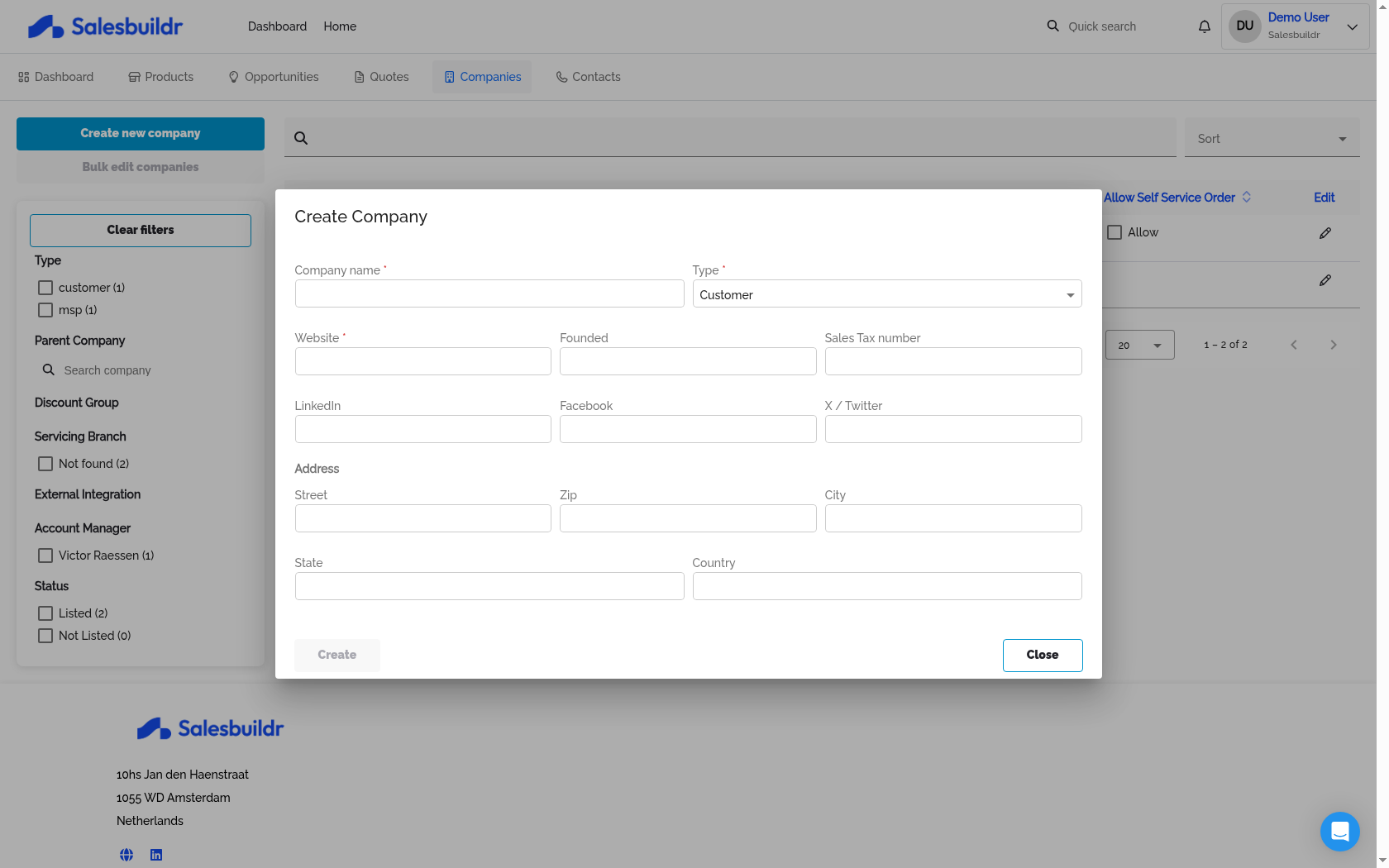 Create Company dialog with name, type, website, social media, and address fields
