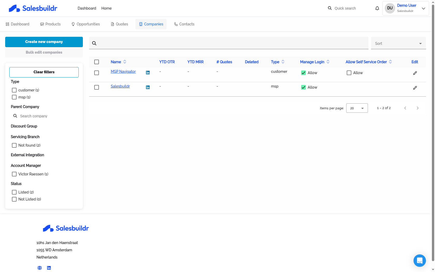 Company list with type filter sidebar, sortable columns, and Manage Login status