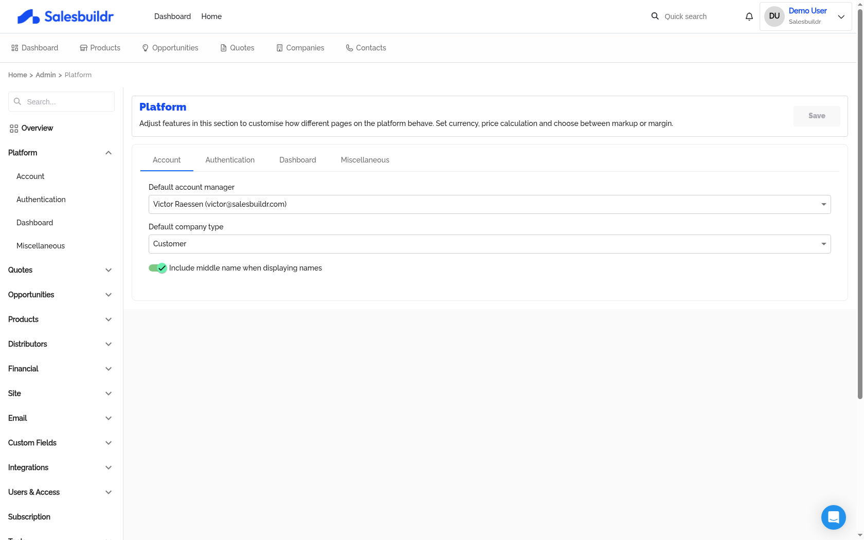Admin Platform settings showing Default company type dropdown