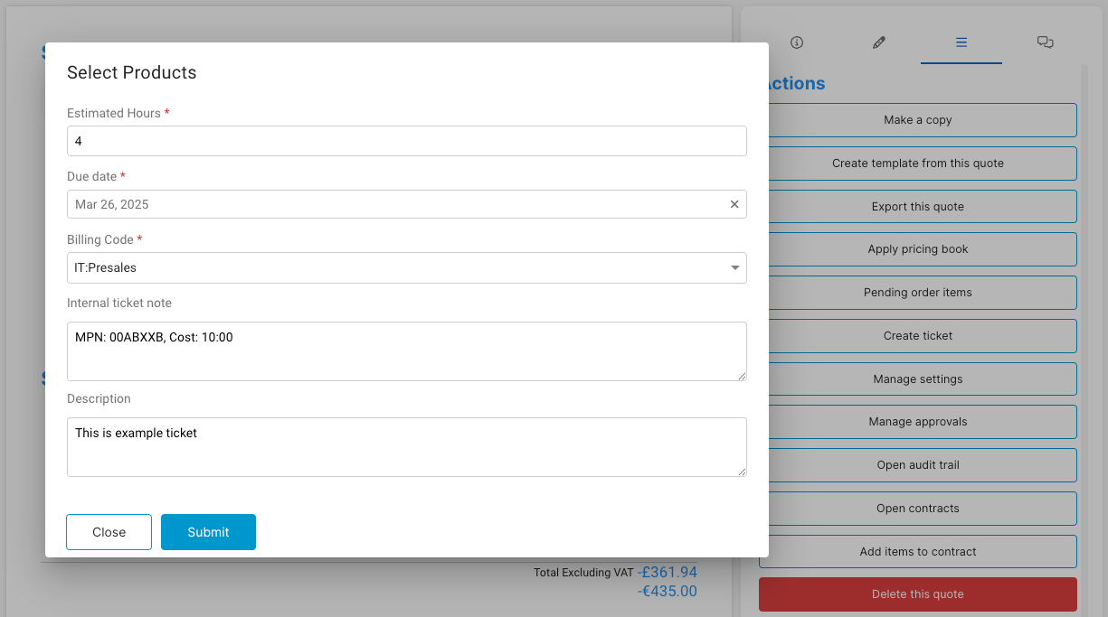 Select Products dialog with estimated hours, due date, billing code, and internal note fields
