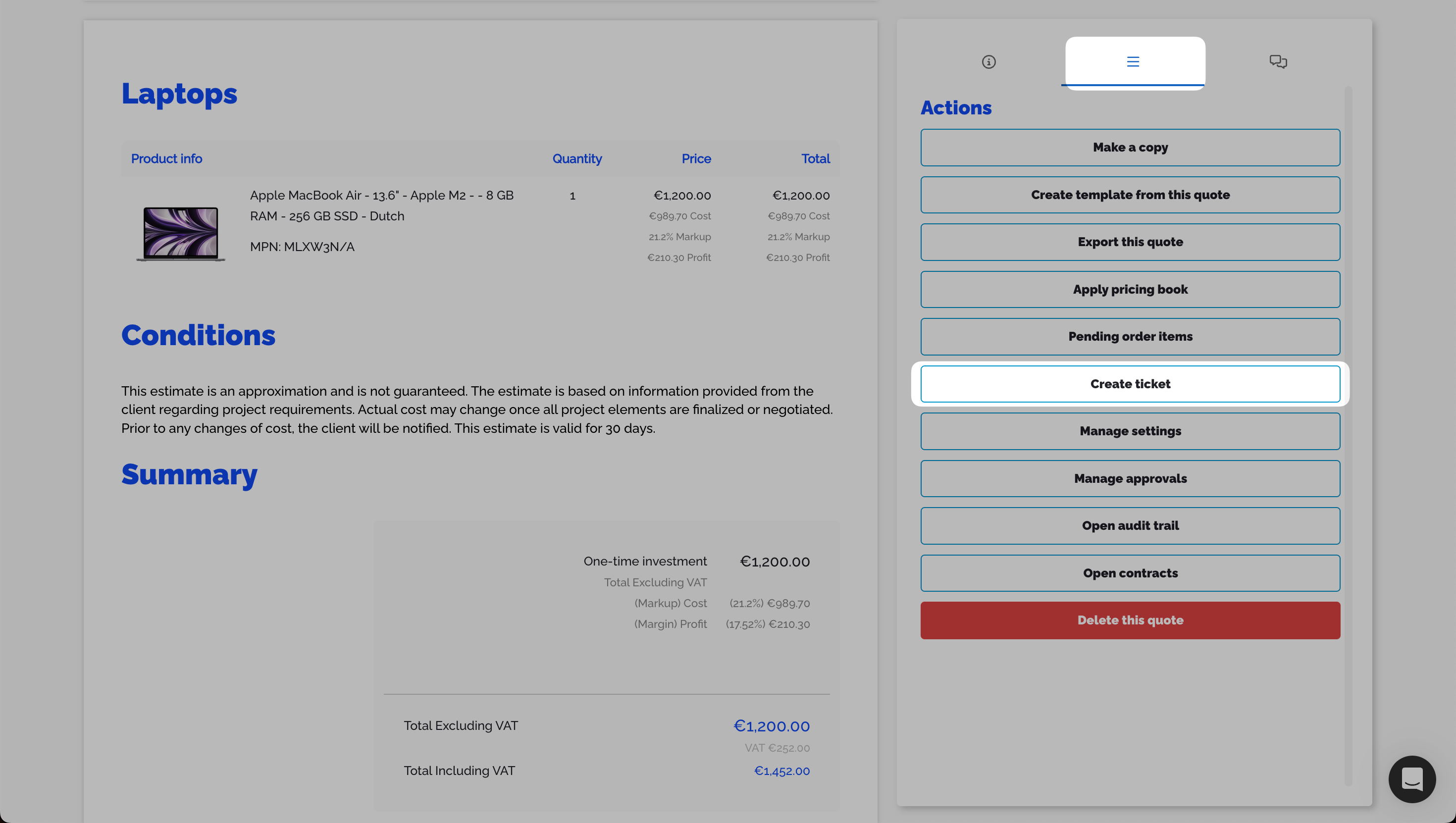 Approved quote with Create ticket button in the right-hand actions panel