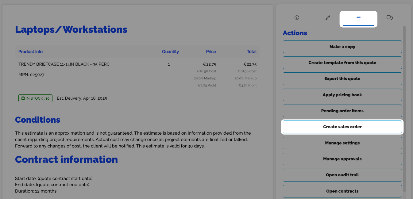 Approved quote with Create sales order button highlighted in the actions panel