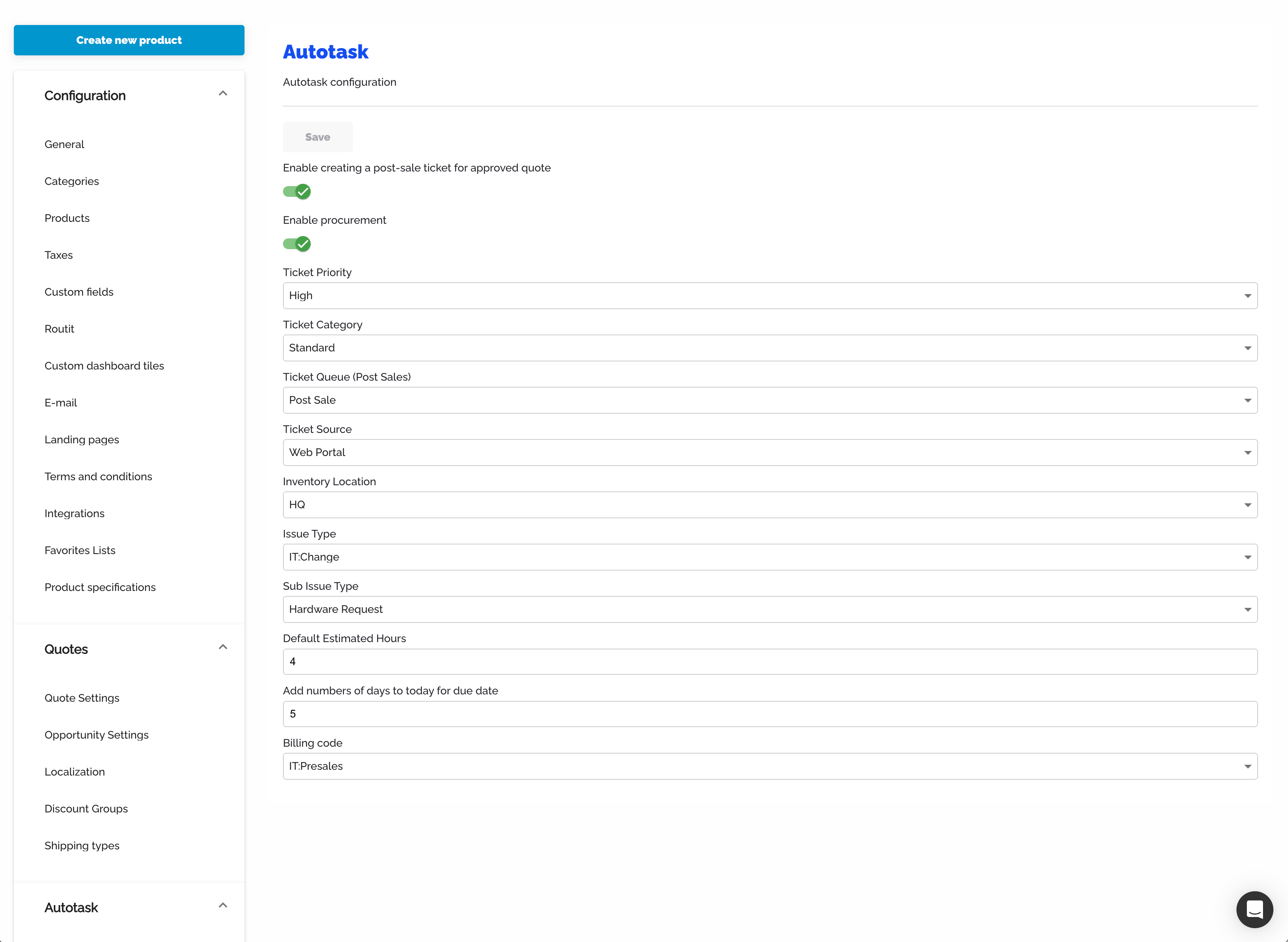 Autotask ticket configuration with priority, category, queue, source, issue type, billing code, and due date settings