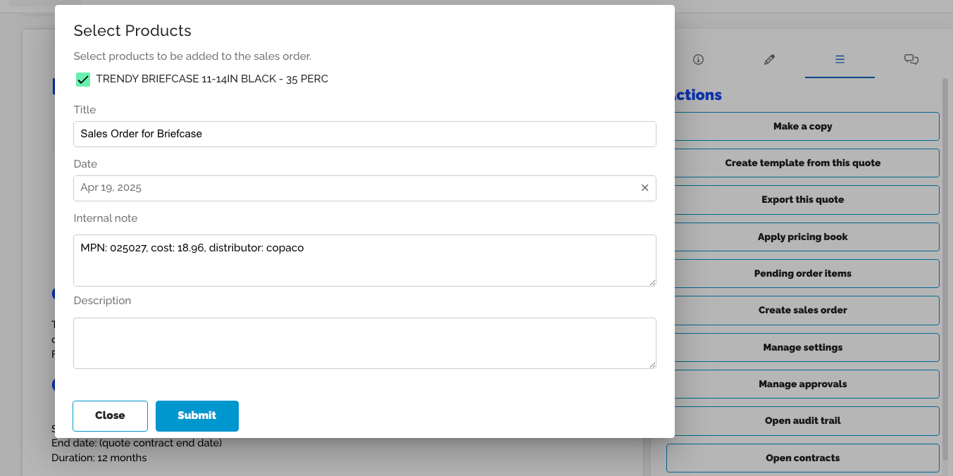 Select Products dialog for sales order with title, date, and internal note fields