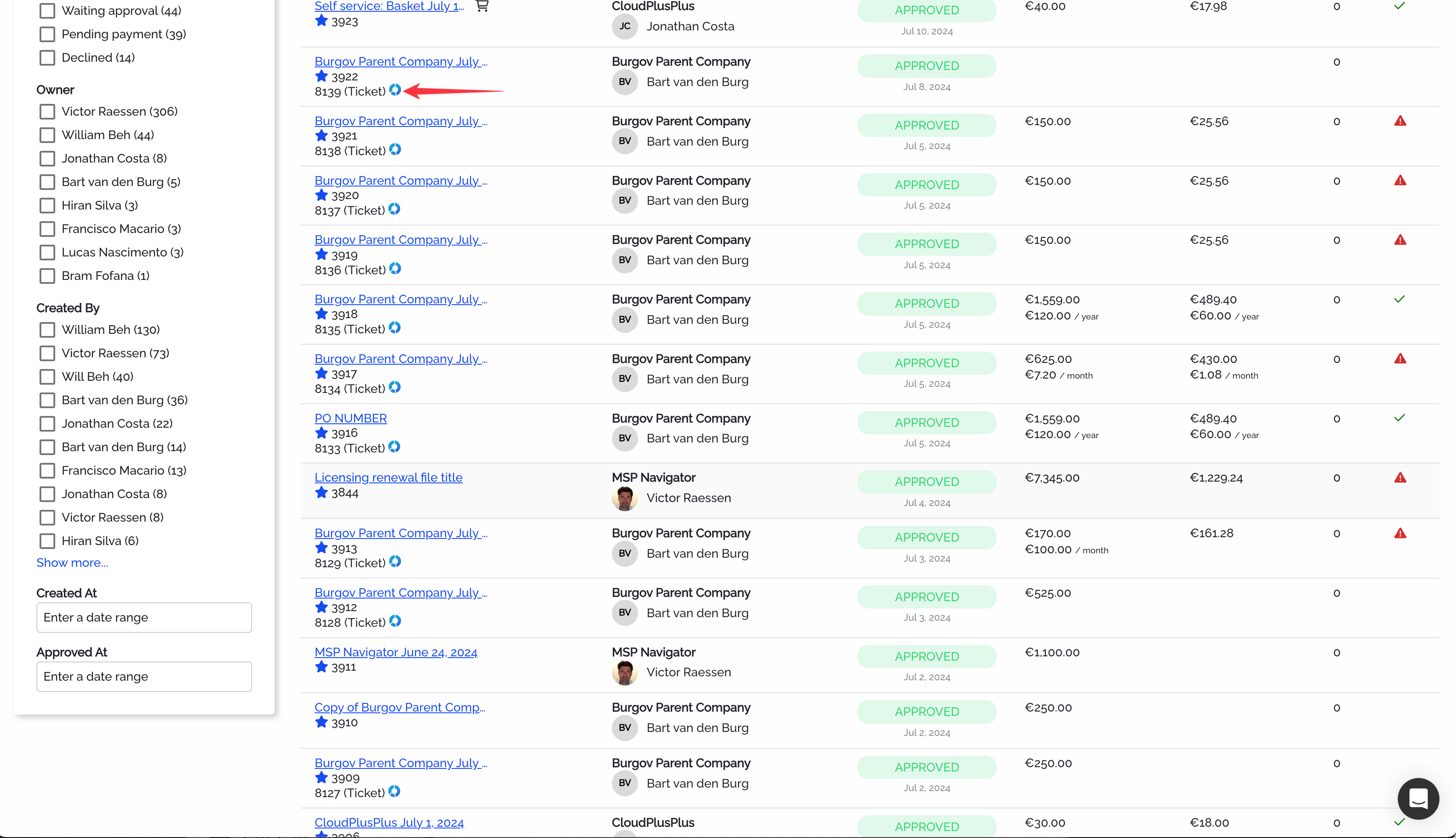 Quote list filtered to show approved quotes with status badges and financial summaries