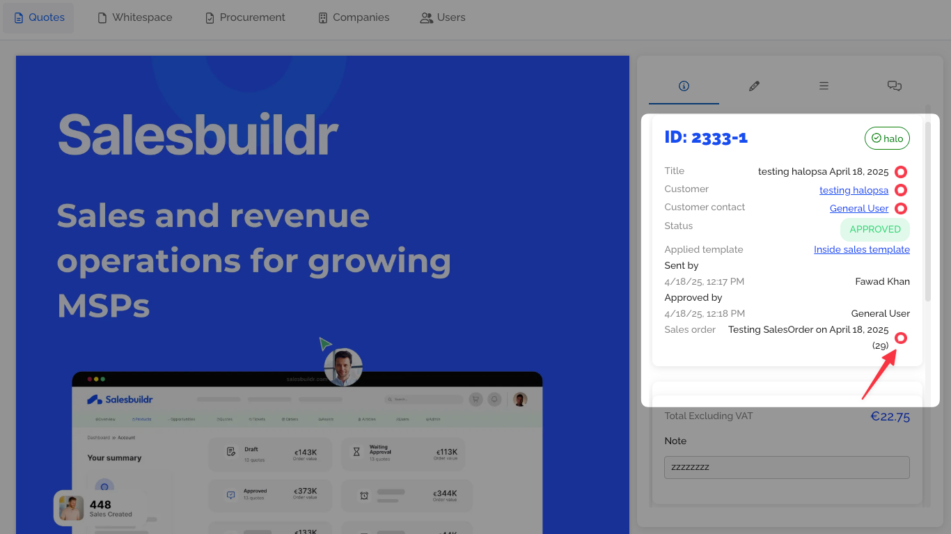 Quote detail showing linked sales order with reference number after creation