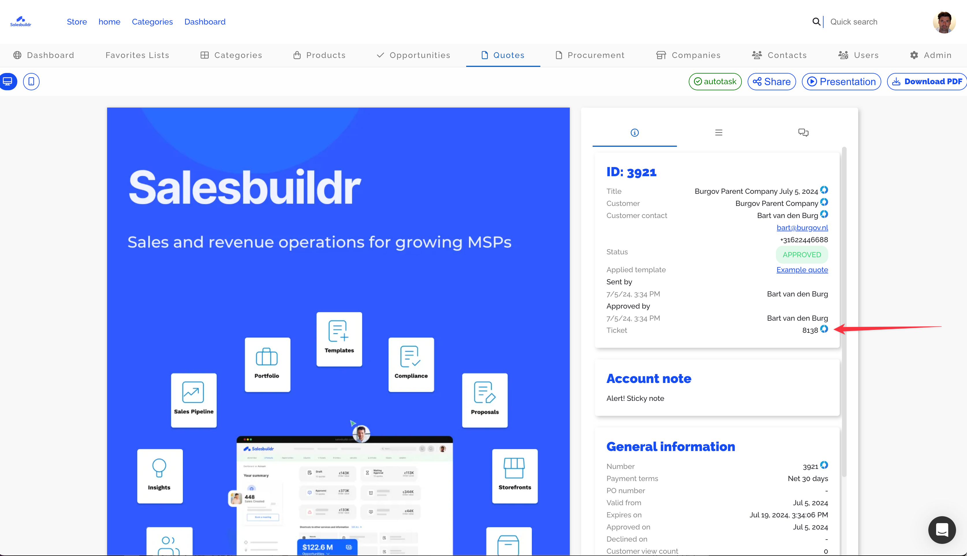Salesbuildr dashboard showing an approved quote detail panel with account notes