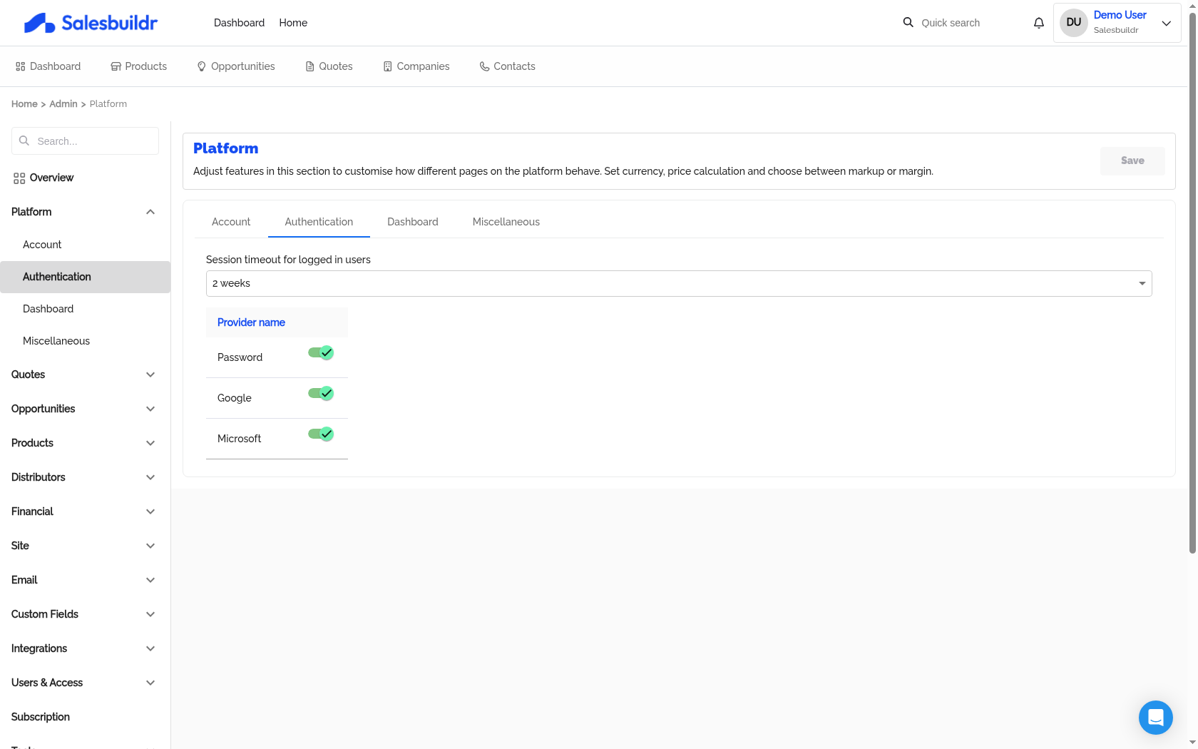 Platform Authentication tab with session timeout and auth provider toggles