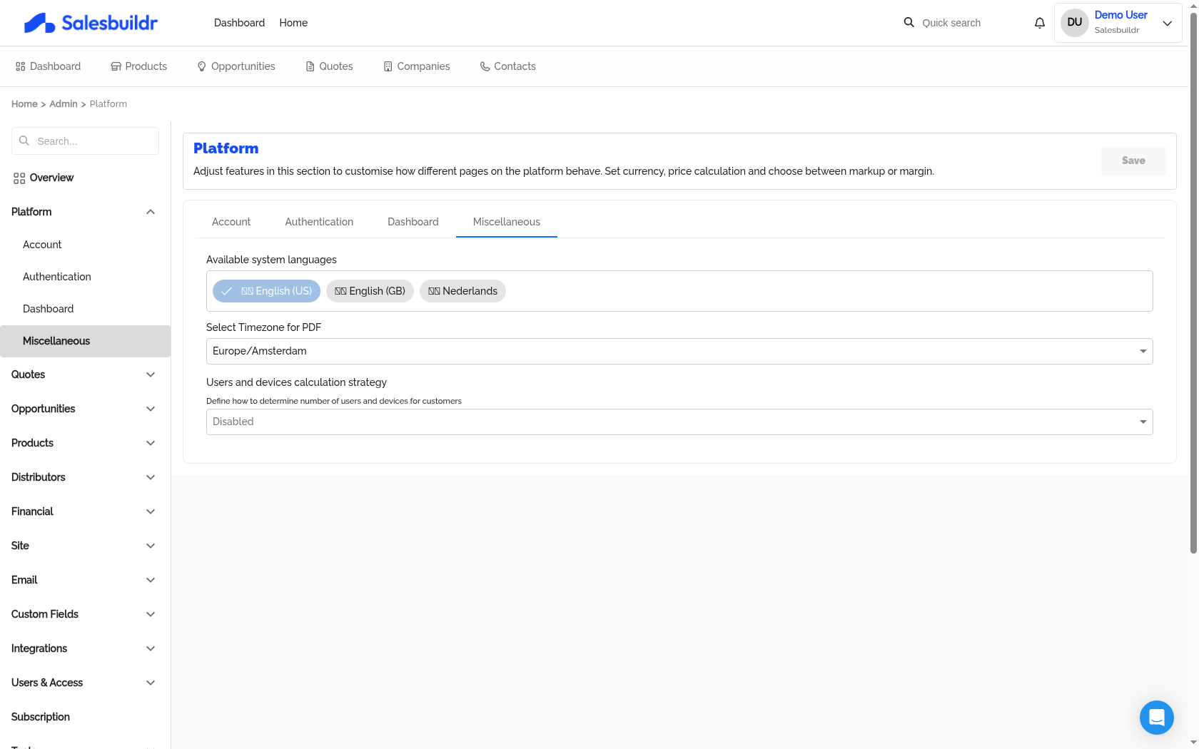Platform Miscellaneous tab with language selection, timezone, and user calculation strategy