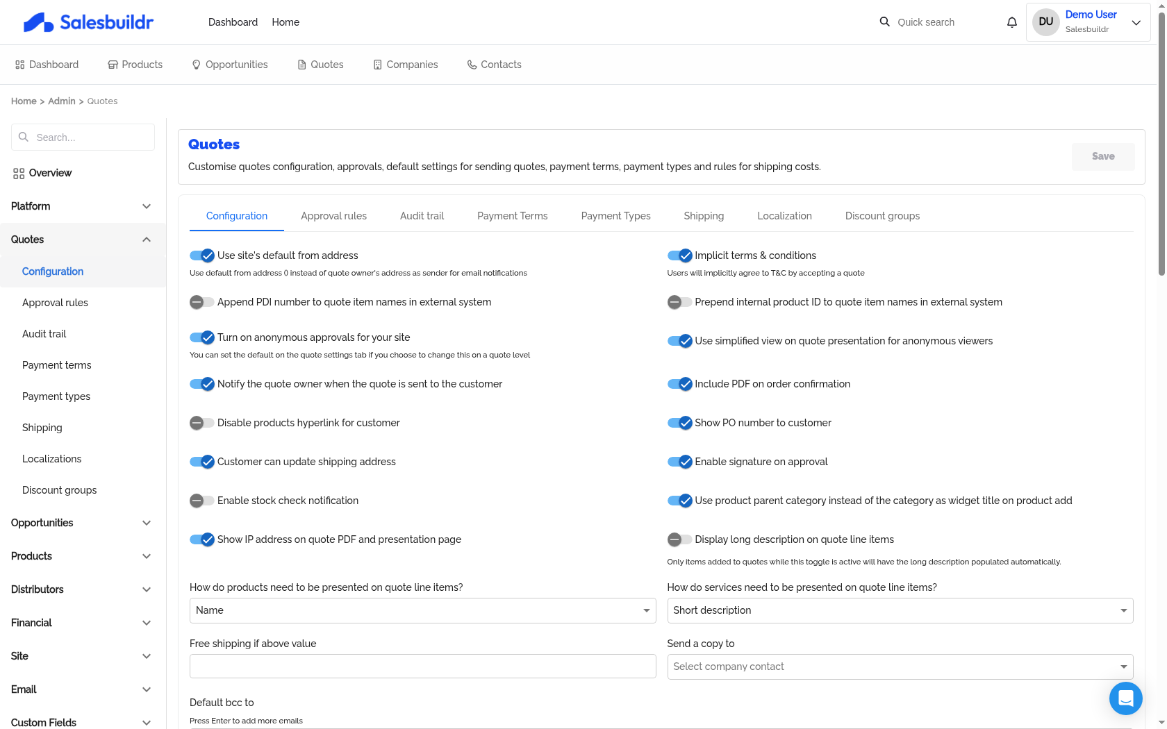 Admin Quotes Configuration tab showing toggle settings and dropdowns