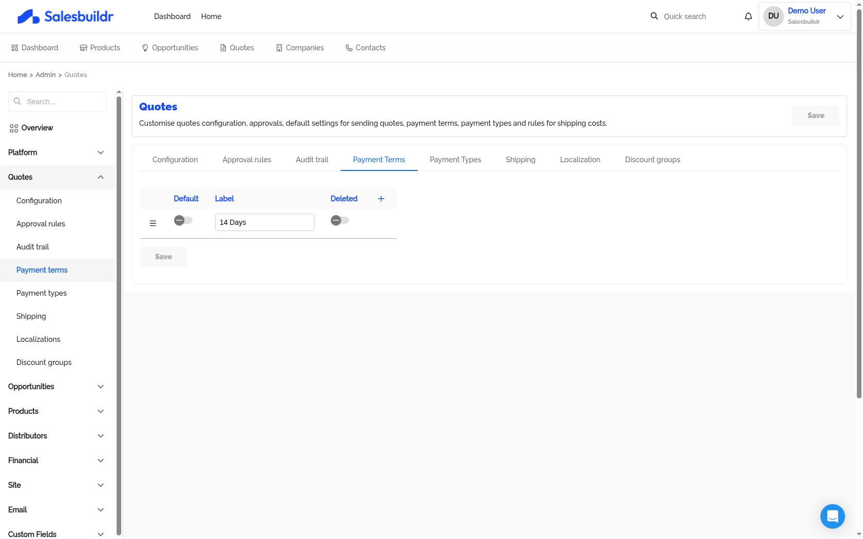 Admin Quotes Payment Terms tab showing list of payment terms