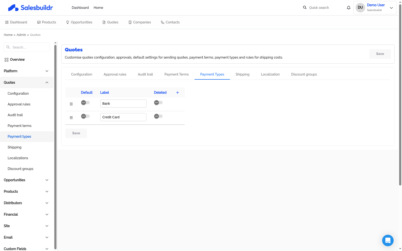 Admin Quotes Payment Types tab showing Bank and Credit Card entries